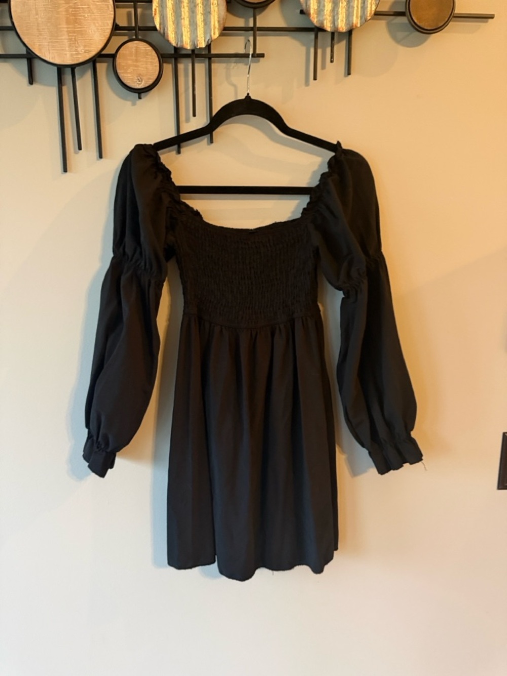SHEIN Black Smocked Square-Neck Mini Dress with Puff Long Sleeves